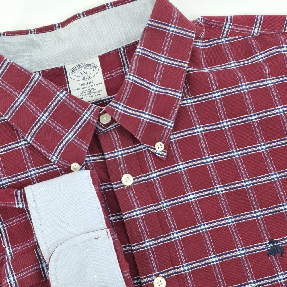 Brooks Brothers Shirt Mens 2XL Regent Fit Supima‎ Red Plaid Longsleeve Flip Cuff